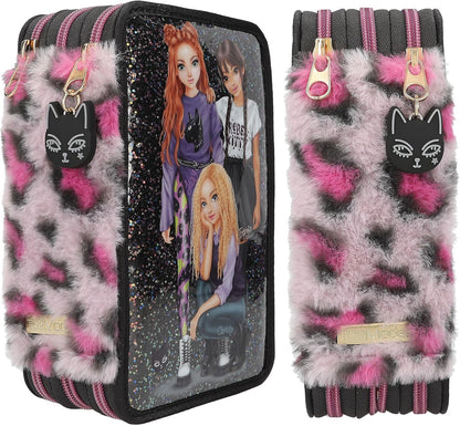 Depesche 13017 TOPModel Rebel Kitty - Filled 3-Compartment Pencil case in Black, with Model Motif, Glitter and Leo Fur, Pencil case with Crayons, Ruler, Scissors and Much More.