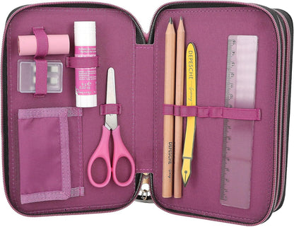 Depesche 13017 TOPModel Rebel Kitty - Filled 3-Compartment Pencil case in Black, with Model Motif, Glitter and Leo Fur, Pencil case with Crayons, Ruler, Scissors and Much More.