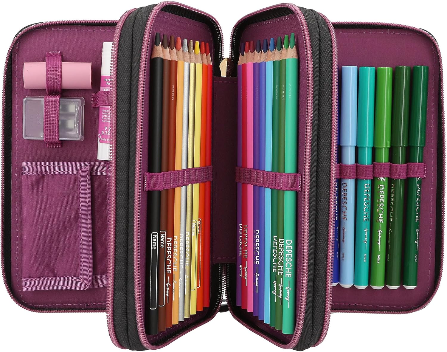 Depesche 13017 TOPModel Rebel Kitty - Filled 3-Compartment Pencil case in Black, with Model Motif, Glitter and Leo Fur, Pencil case with Crayons, Ruler, Scissors and Much More.