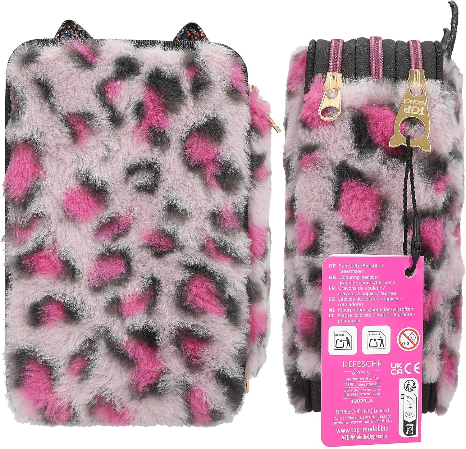 Depesche 13020 TOPModel Rebel Kitty - Filled 3-Compartment Pencil case with Leo Fur in Purple and Black and cat Ears, Pencil case with Crayons, Ruler, Scissors and Much More.