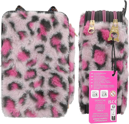 Depesche 13020 TOPModel Rebel Kitty - Filled 3-Compartment Pencil case with Leo Fur in Purple and Black and cat Ears, Pencil case with Crayons, Ruler, Scissors and Much More.