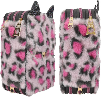Depesche 13020 TOPModel Rebel Kitty - Filled 3-Compartment Pencil case with Leo Fur in Purple and Black and cat Ears, Pencil case with Crayons, Ruler, Scissors and Much More.