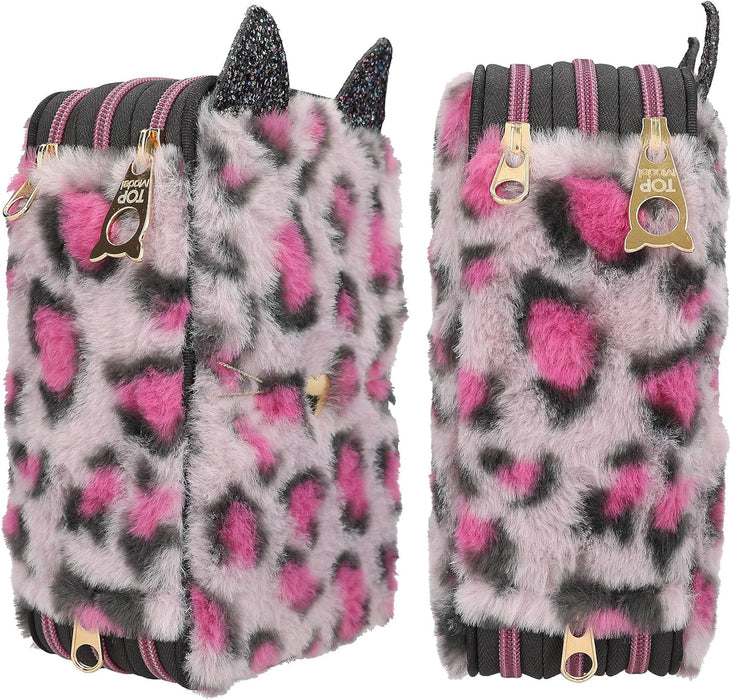 Depesche 13020 TOPModel Rebel Kitty - Filled 3-Compartment Pencil case with Leo Fur in Purple and Black and cat Ears, Pencil case with Crayons, Ruler, Scissors and Much More.