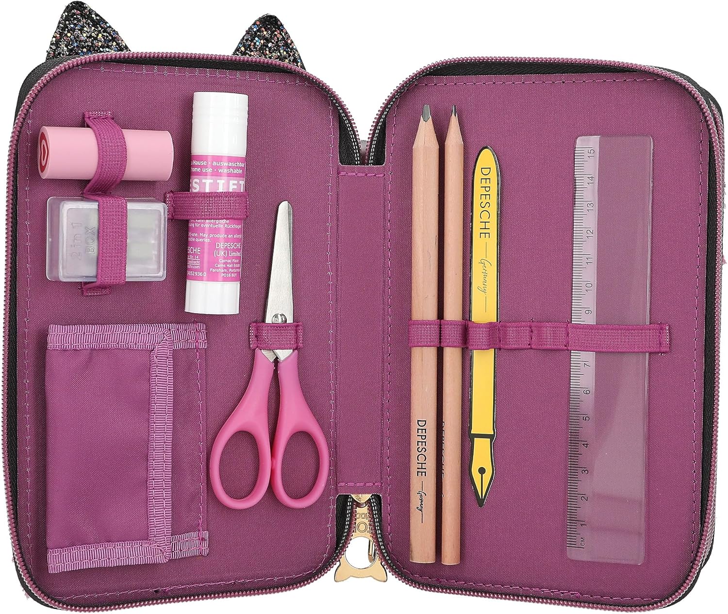 Depesche 13020 TOPModel Rebel Kitty - Filled 3-Compartment Pencil case with Leo Fur in Purple and Black and cat Ears, Pencil case with Crayons, Ruler, Scissors and Much More.