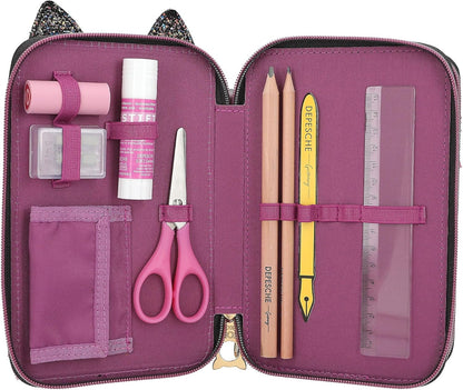 Depesche 13020 TOPModel Rebel Kitty - Filled 3-Compartment Pencil case with Leo Fur in Purple and Black and cat Ears, Pencil case with Crayons, Ruler, Scissors and Much More.