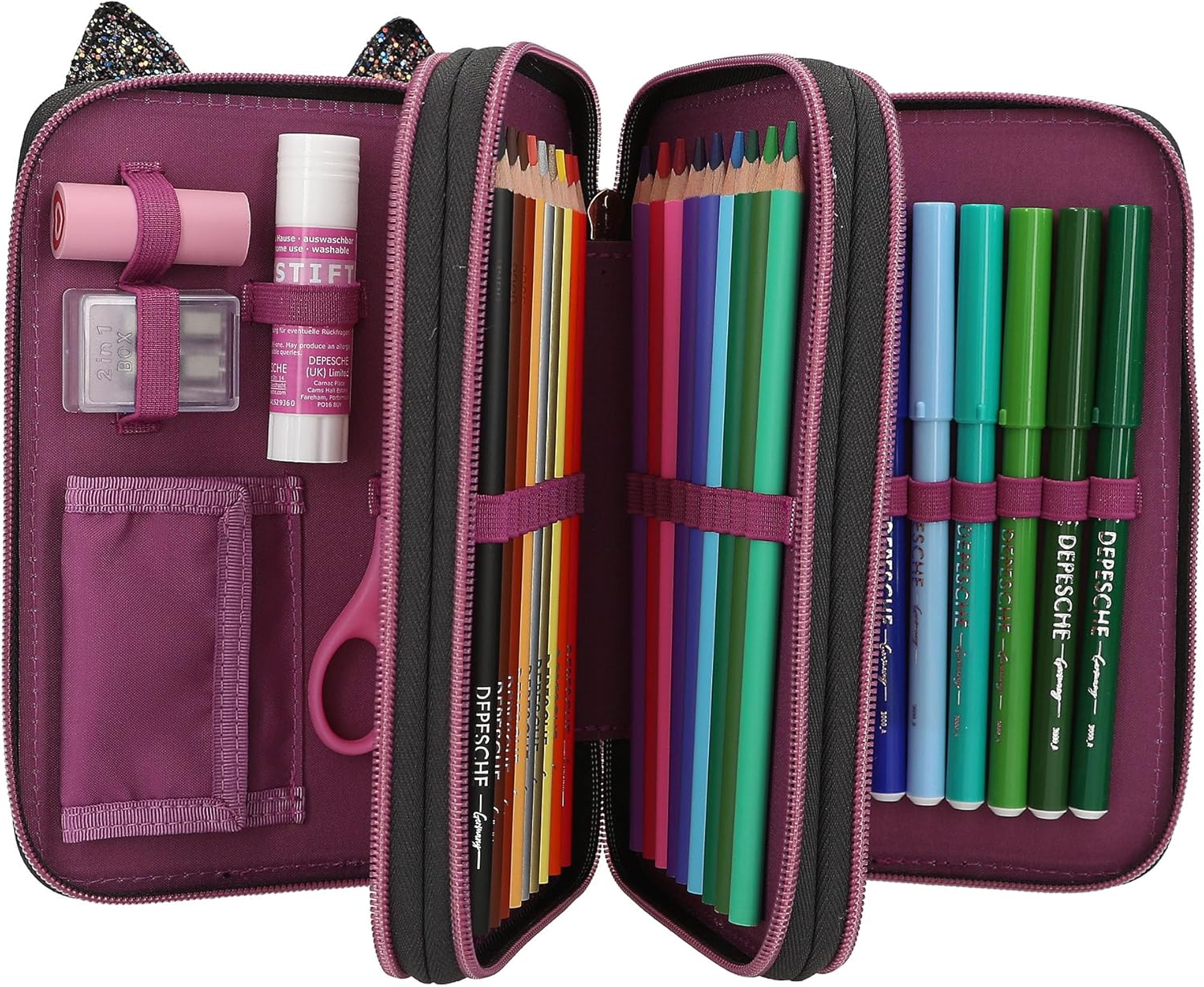 Depesche 13020 TOPModel Rebel Kitty - Filled 3-Compartment Pencil case with Leo Fur in Purple and Black and cat Ears, Pencil case with Crayons, Ruler, Scissors and Much More.