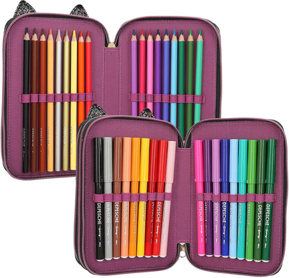 Depesche 13020 TOPModel Rebel Kitty - Filled 3-Compartment Pencil case with Leo Fur in Purple and Black and cat Ears, Pencil case with Crayons, Ruler, Scissors and Much More.