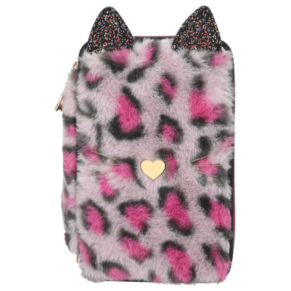 Depesche 13020 TOPModel Rebel Kitty - Filled 3-Compartment Pencil case with Leo Fur in Purple and Black and cat Ears, Pencil case with Crayons, Ruler, Scissors and Much More.