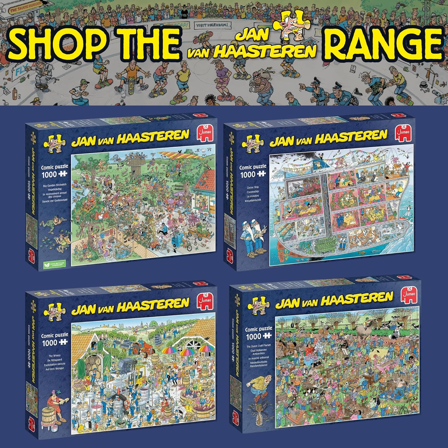 Jumbo Jan Van Haasteren Riding the Skate Bowl - 1000-Piece Adults Comic Puzzle - Large Jigsaw Puzzle for Adults – 100 Percent Recycled Cardboard 1000-Piece Jigsaw - Dimensions 68 x 49 cm