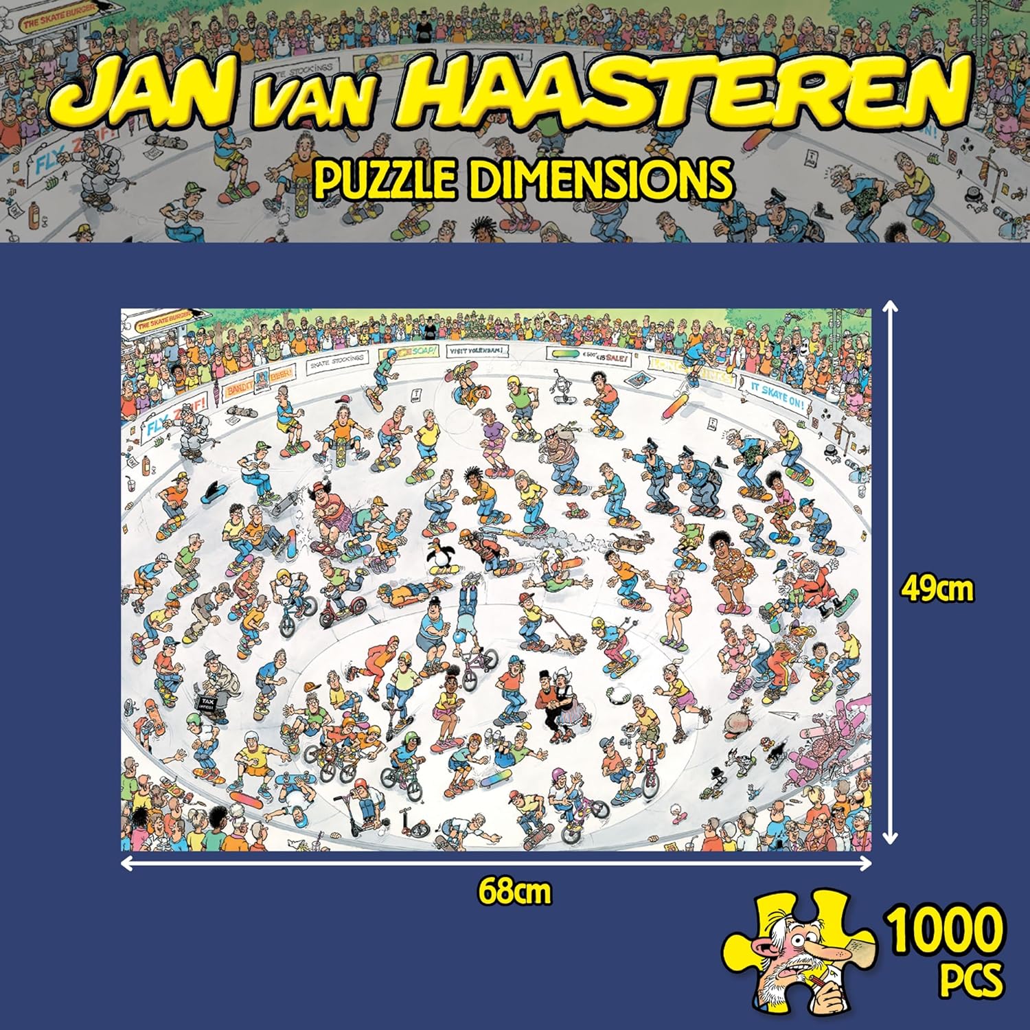 Jumbo Jan Van Haasteren Riding the Skate Bowl - 1000-Piece Adults Comic Puzzle - Large Jigsaw Puzzle for Adults – 100 Percent Recycled Cardboard 1000-Piece Jigsaw - Dimensions 68 x 49 cm