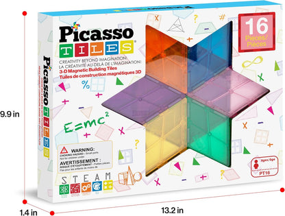 PicassoTiles Magnetic Building Block Set Geometry Shape Magnet Tiles Construction Toy STEM Learning Kit Educational Playset Playboard Pretend Play Stacking Blocks Child Brain Development PT16