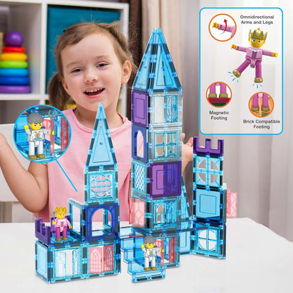 PicasssoTiles 72-delige magnetische bouwtegels, kasteel, winter, ijstheme, constructie, magneetblok set met prinsessenkarakter, trappen, raamdeuren, STEM leren, educatief speelgoed voor kinderen