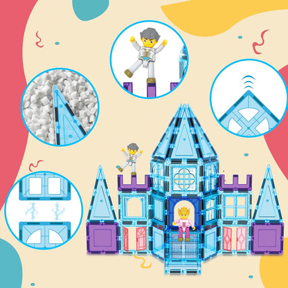 PicasssoTiles 72-delige magnetische bouwtegels, kasteel, winter, ijstheme, constructie, magneetblok set met prinsessenkarakter, trappen, raamdeuren, STEM leren, educatief speelgoed voor kinderen