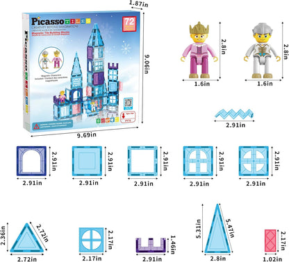 PicasssoTiles 72-delige magnetische bouwtegels, kasteel, winter, ijstheme, constructie, magneetblok set met prinsessenkarakter, trappen, raamdeuren, STEM leren, educatief speelgoed voor kinderen