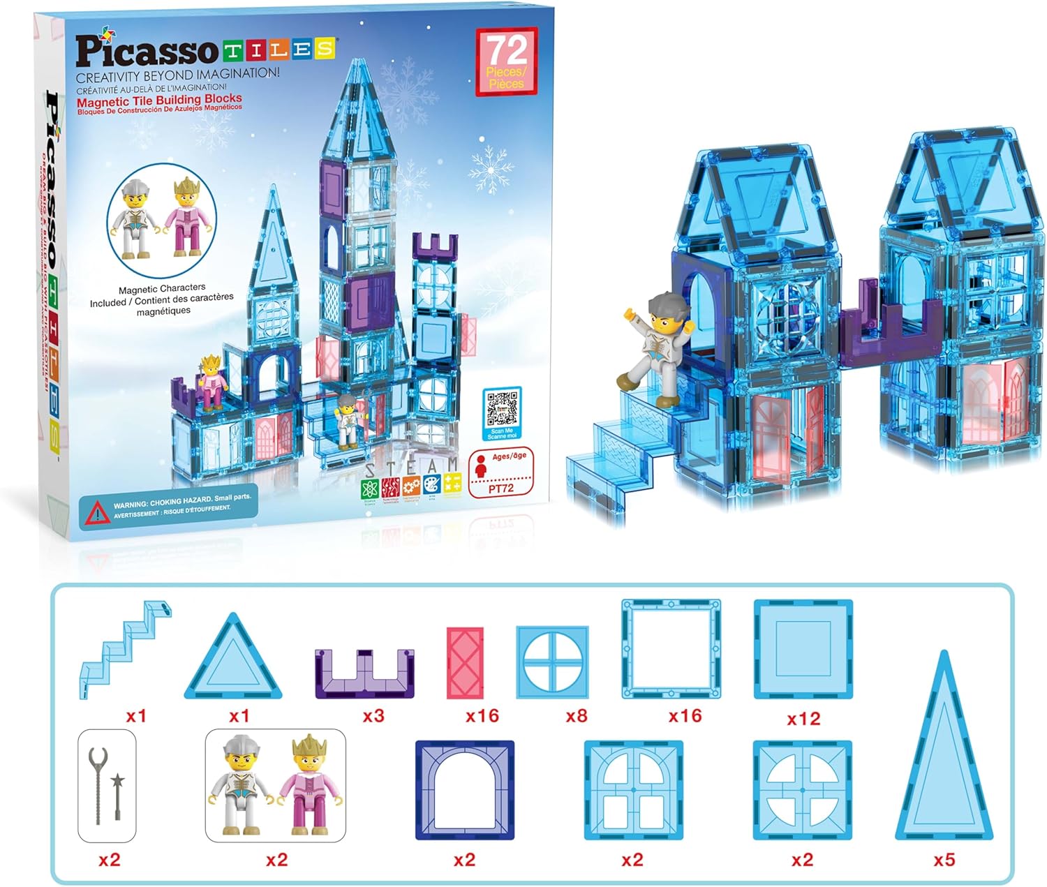 PicasssoTiles 72-delige magnetische bouwtegels, kasteel, winter, ijstheme, constructie, magneetblok set met prinsessenkarakter, trappen, raamdeuren, STEM leren, educatief speelgoed voor kinderen
