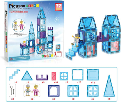 PicasssoTiles 72-delige magnetische bouwtegels, kasteel, winter, ijstheme, constructie, magneetblok set met prinsessenkarakter, trappen, raamdeuren, STEM leren, educatief speelgoed voor kinderen