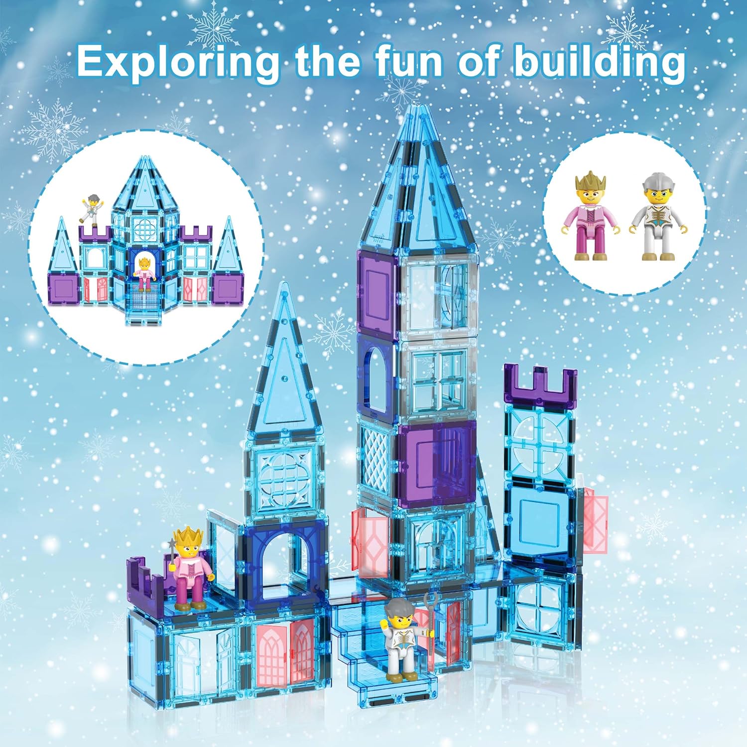 PicasssoTiles 72-delige magnetische bouwtegels, kasteel, winter, ijstheme, constructie, magneetblok set met prinsessenkarakter, trappen, raamdeuren, STEM leren, educatief speelgoed voor kinderen