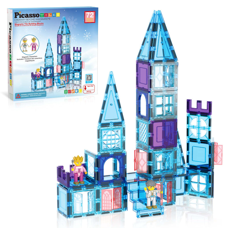 PicasssoTiles 72-delige magnetische bouwtegels, kasteel, winter, ijstheme, constructie, magneetblok set met prinsessenkarakter, trappen, raamdeuren, STEM leren, educatief speelgoed voor kinderen