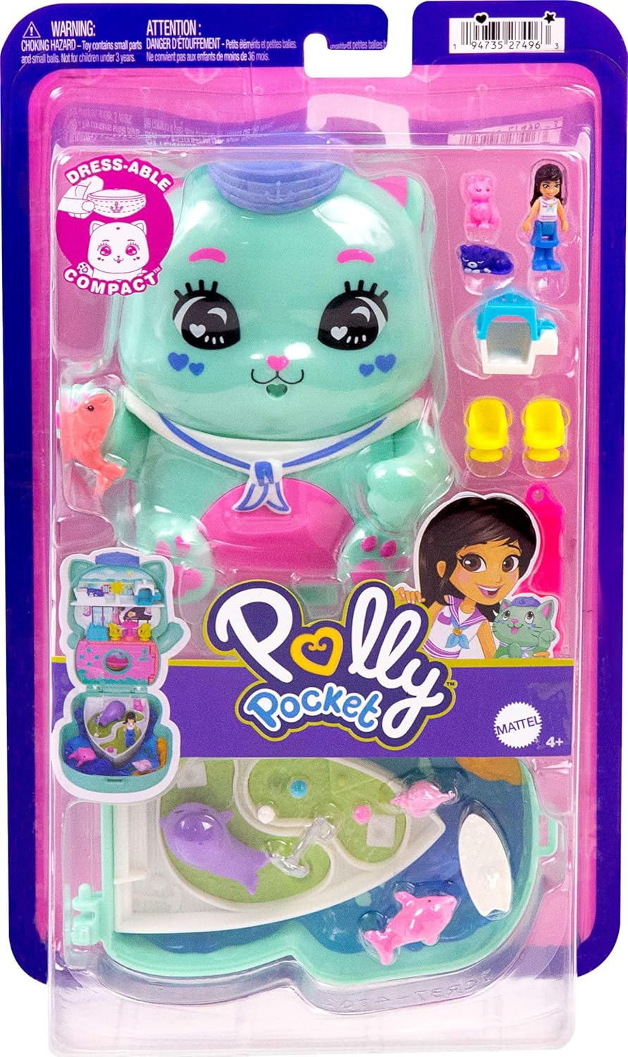 Polly Pocket Gatito marinero Estuche, conjunto de juego y muñecos, juguete de viaje con 1 muñequita, gatitos, comida y accesorios de moda, JCR37
