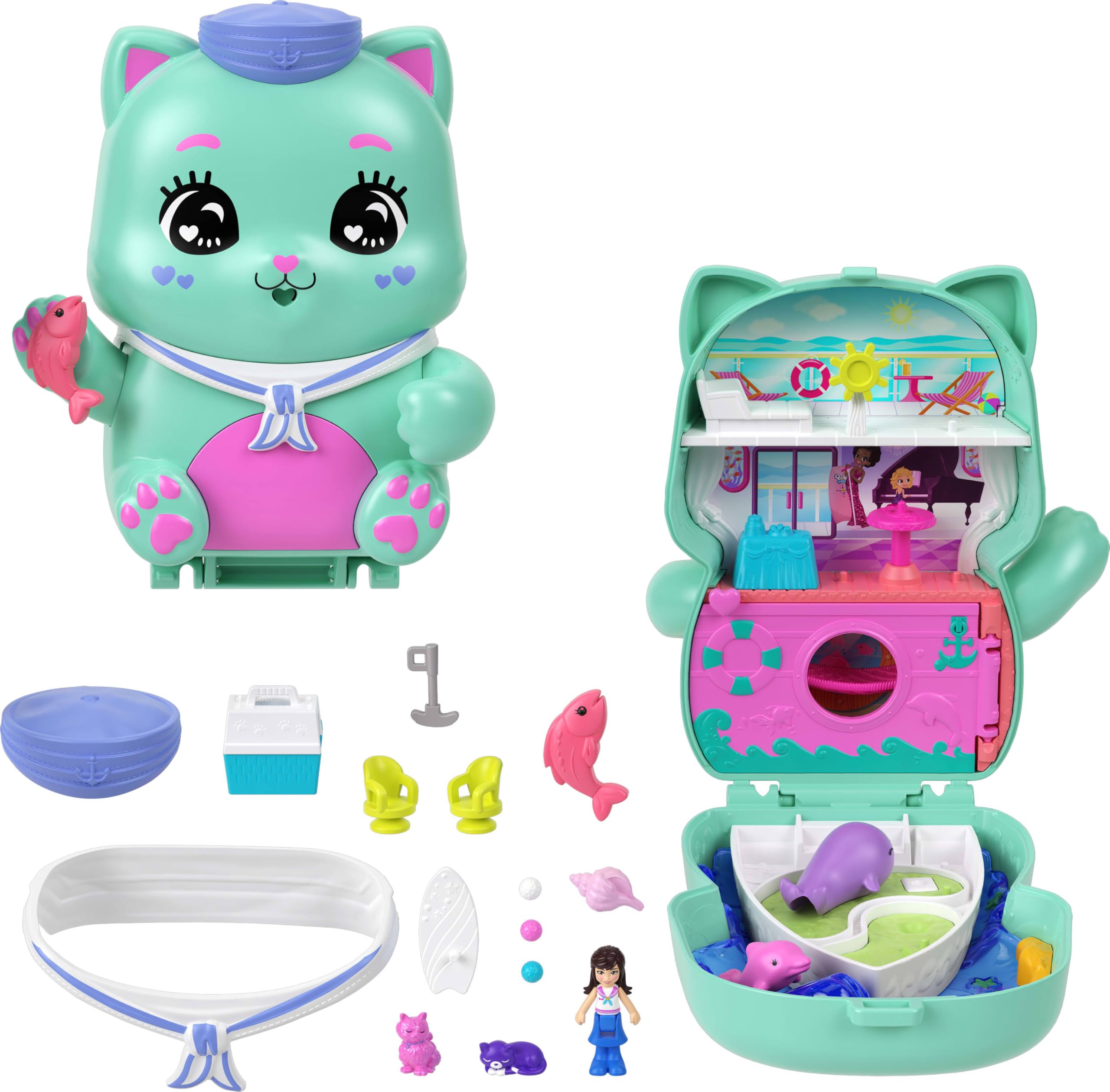 Polly Pocket Gatito marinero Estuche, conjunto de juego y muñecos, juguete de viaje con 1 muñequita, gatitos, comida y accesorios de moda, JCR37