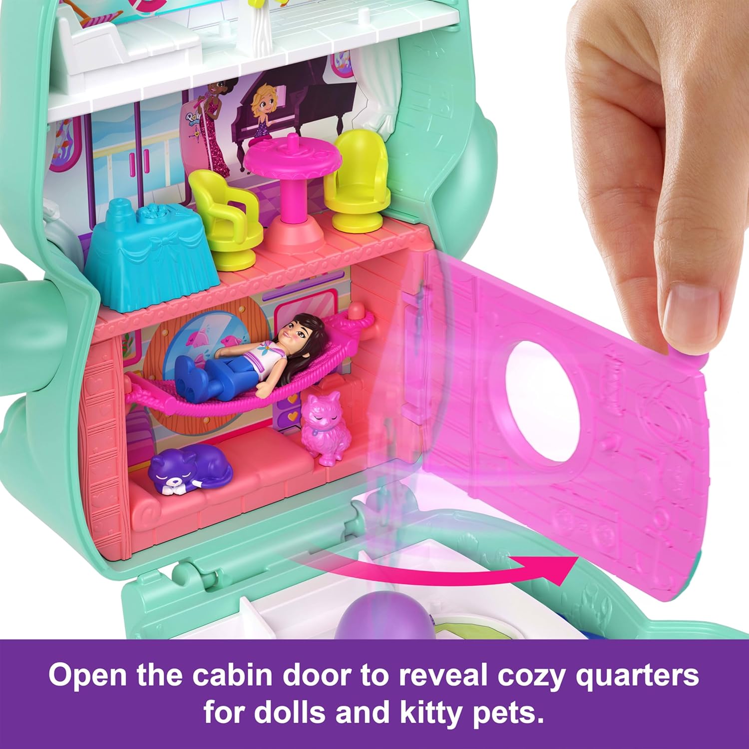 Polly Pocket Gatito marinero Estuche, conjunto de juego y muñecos, juguete de viaje con 1 muñequita, gatitos, comida y accesorios de moda, JCR37