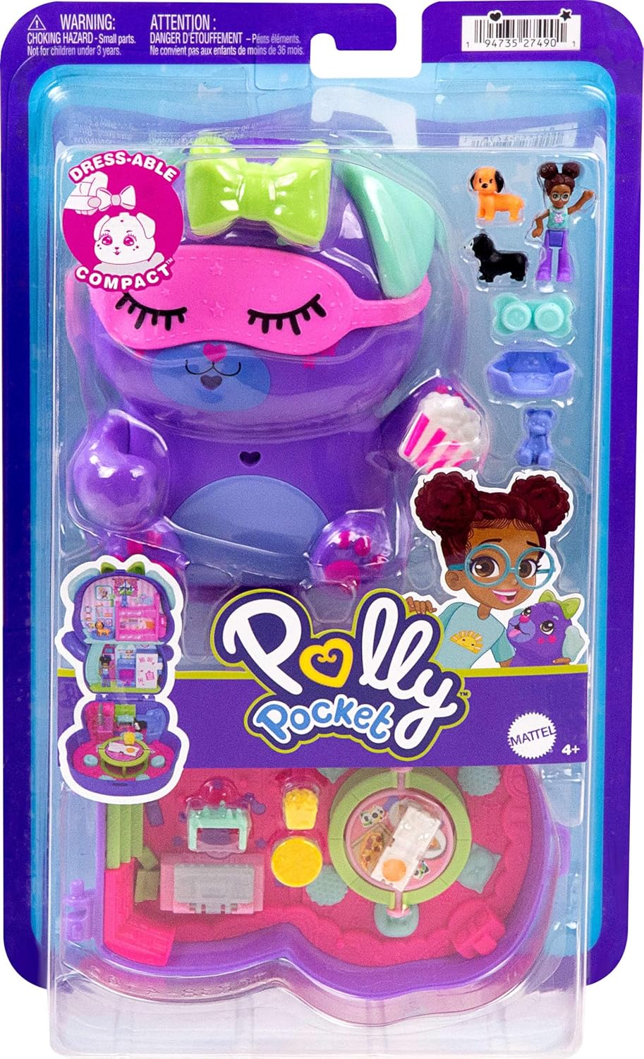 Polly Pocket Perrito fiesta de pijamas Estuche, conjunto de juego y muñecos, juguete de viaje con 1 muñequita, perritos,comida y accesorios de moda, JCR38