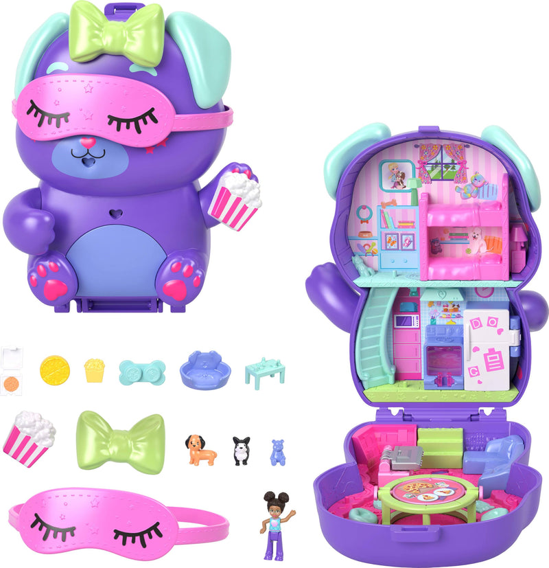 Polly Pocket Perrito fiesta de pijamas Estuche, conjunto de juego y muñecos, juguete de viaje con 1 muñequita, perritos,comida y accesorios de moda, JCR38