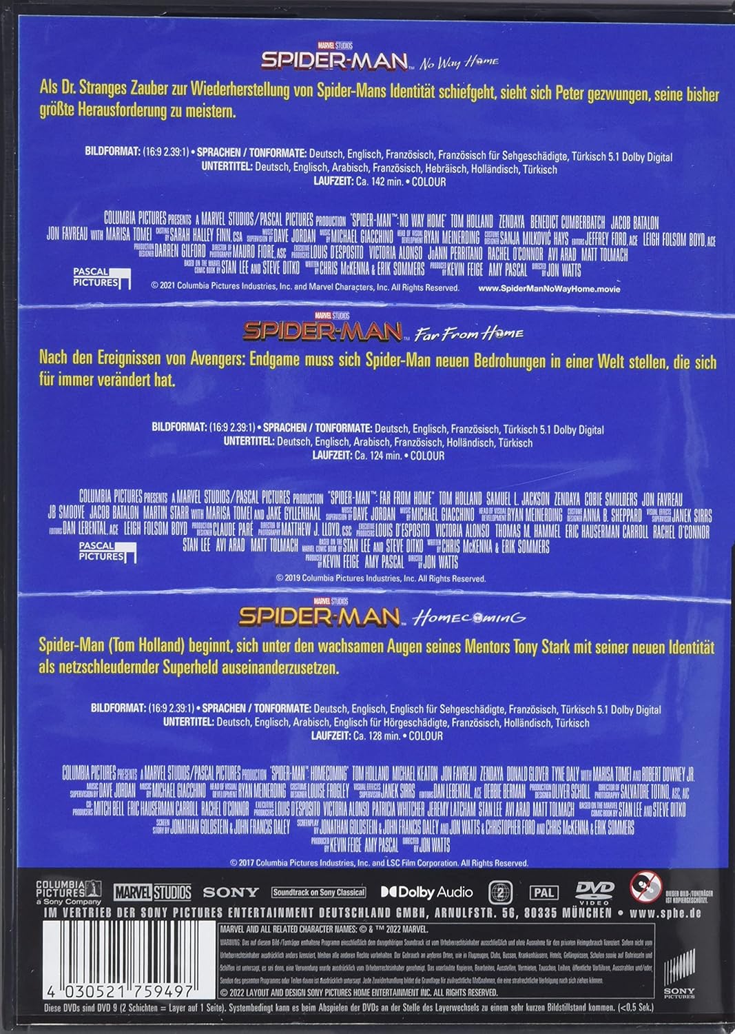Spider-Man: Homecoming, Far From Home, No Way Home (3 DVDs
