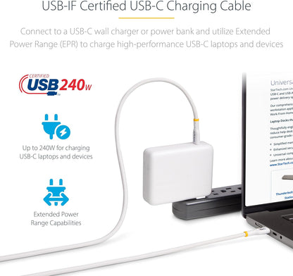 StarTech.com 4m White USB-C Charging Cable, USB-IF Certified USB C Cable, 240W PD, USB 2.0 Type-C Laptop Charger Cord, M/M