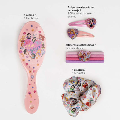 Las Princesas Beauty Set – Includes 1 Brush, 2 Hairpins, 4 Scrunchies and 1 Fabric Scrunchie – Multicoloured – Inspired by the Princesses – Original Product Designed in Spain