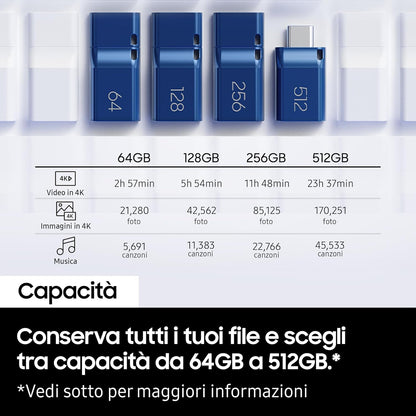 Samsung USB Flash Drive, USB-C 512GB, 400MB/s Sequential Reading, USB 3.2 Gen 1, Compatible with PC, Laptops, Tablets and Smartphones, Blue