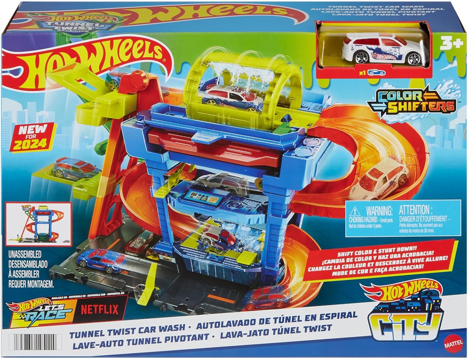 Hot Wheels City “Let's Race - ¡a correr!” Netflix -Túnel de lavado con giros Pista para coches de juguete, incluye 1 vehículo color shifter, +4 años (Mattel HTN80
