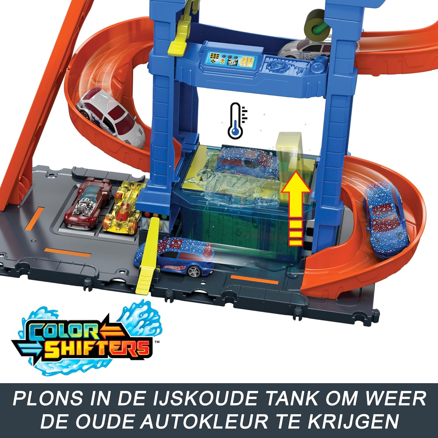 Hot Wheels City “Let's Race - ¡a correr!” Netflix -Túnel de lavado con giros Pista para coches de juguete, incluye 1 vehículo color shifter, +4 años (Mattel HTN80