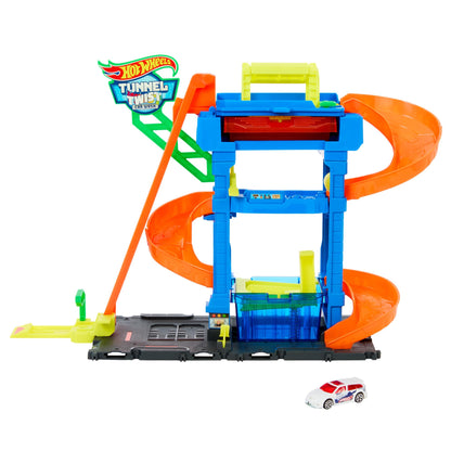 Hot Wheels City “Let's Race - ¡a correr!” Netflix -Túnel de lavado con giros Pista para coches de juguete, incluye 1 vehículo color shifter, +4 años (Mattel HTN80