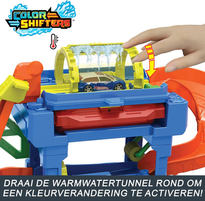 Hot Wheels City “Let's Race - ¡a correr!” Netflix -Túnel de lavado con giros Pista para coches de juguete, incluye 1 vehículo color shifter, +4 años (Mattel HTN80