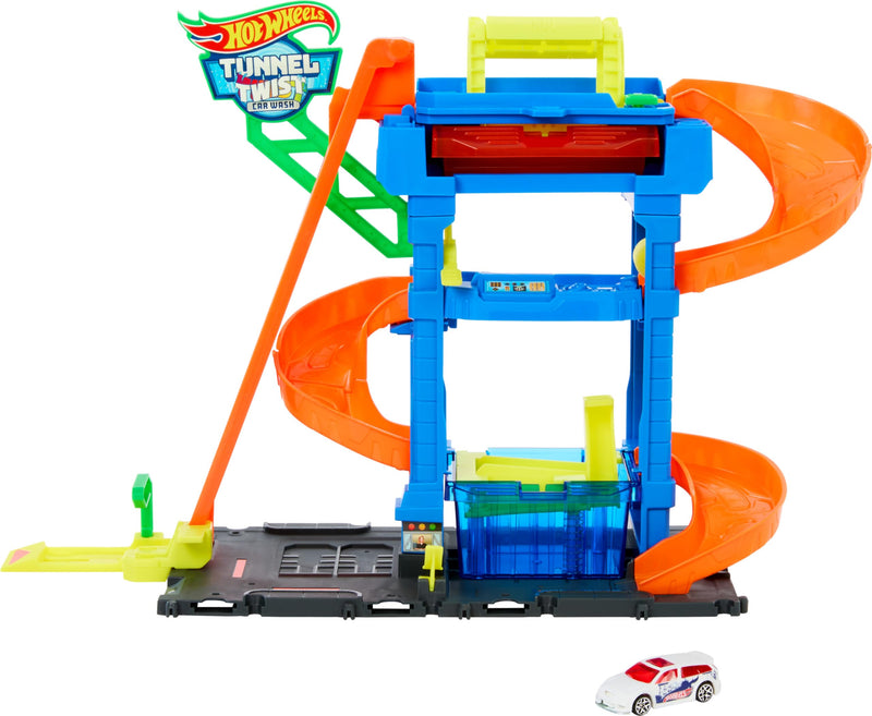 Hot Wheels City “Let's Race - ¡a correr!” Netflix -Túnel de lavado con giros Pista para coches de juguete, incluye 1 vehículo color shifter, +4 años (Mattel HTN80