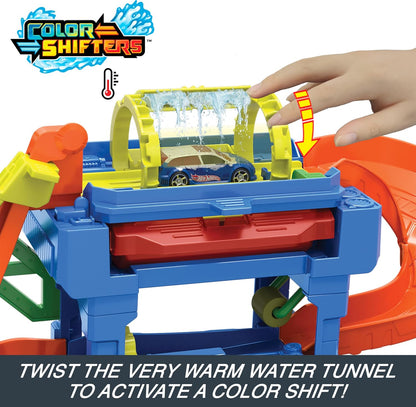 Hot Wheels City “Let's Race - ¡a correr!” Netflix -Túnel de lavado con giros Pista para coches de juguete, incluye 1 vehículo color shifter, +4 años (Mattel HTN80