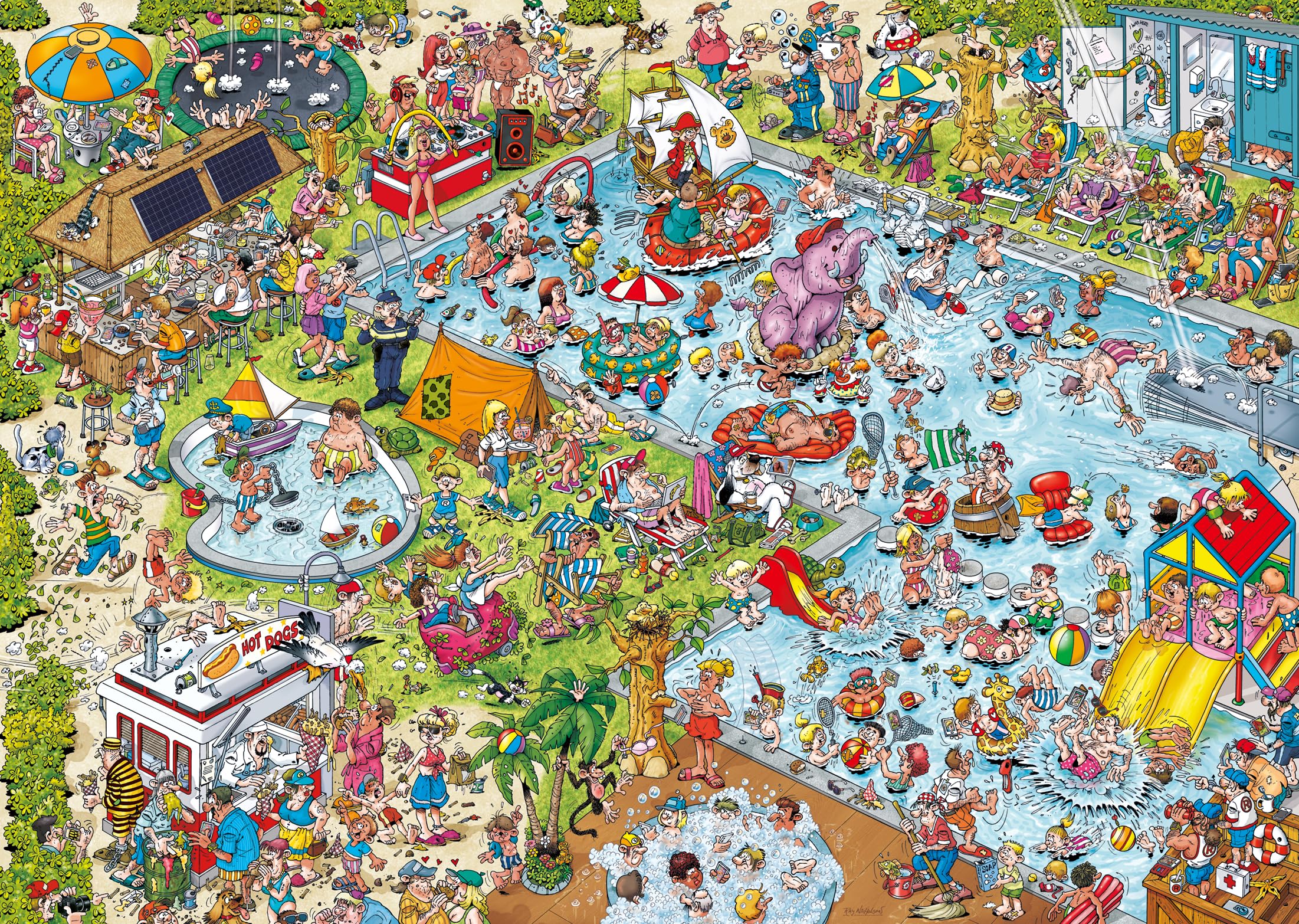 Ravensburger Puzzle 12001164 - Ray Nicholson: Der Pool - 1000 Teile Comic-Puzzle, humorvoll und detailreich illustriert, für Puzzlefans ab 14 Jahren