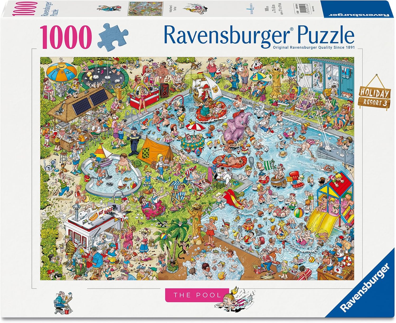 Ravensburger Puzzle 12001164 - Ray Nicholson: Der Pool - 1000 Teile Comic-Puzzle, humorvoll und detailreich illustriert, für Puzzlefans ab 14 Jahren