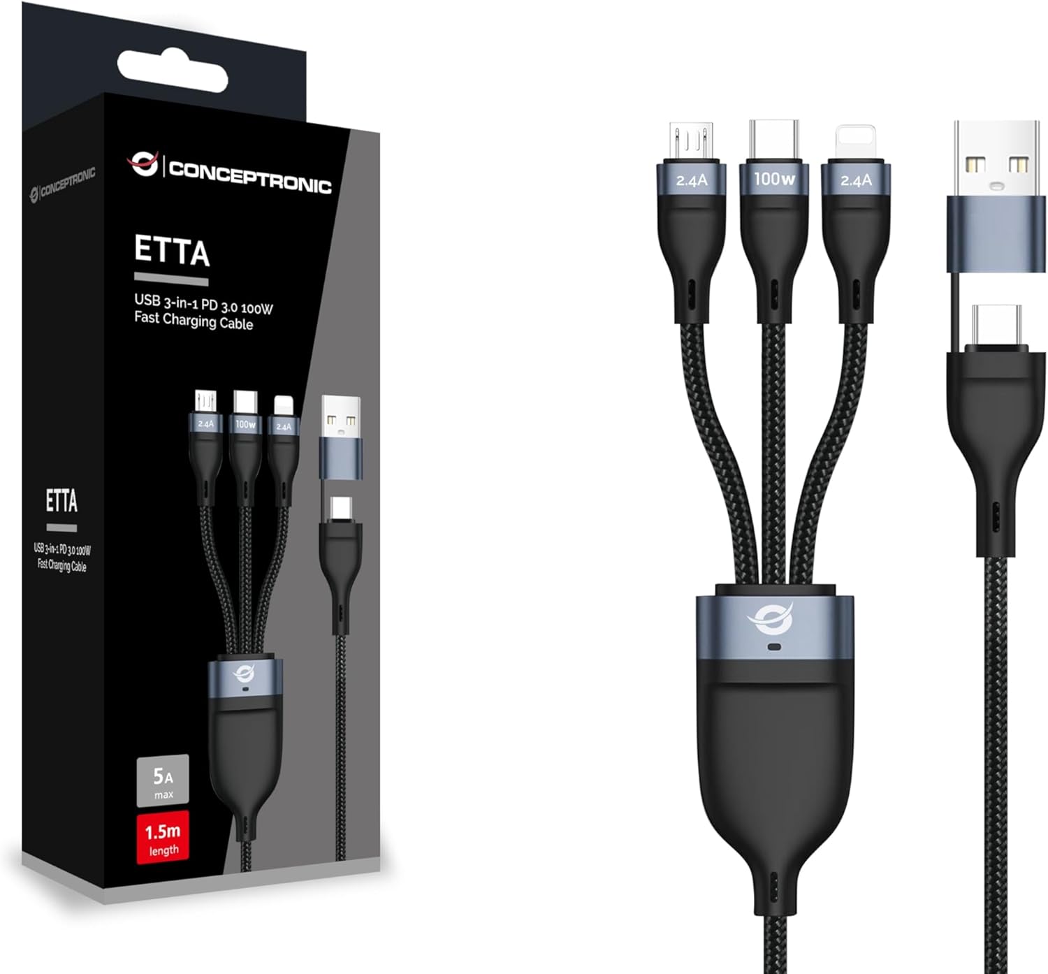 Conceptronic Cable USB-C/A 3.0 -> 3-in-1 100 W 1.50 m 480 Mbps