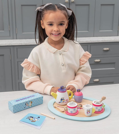 Bluey Wooden Tea Party Set – 18-Piece Pretend Play Set with Teapot, Cups, Biscuits, Tray & Notepad – FSC Certified Eco-Friendly Toy for Kids Aged 3+ – Creative Role-Playing Fun
