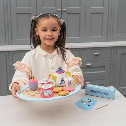 Bluey Wooden Tea Party Set – 18-Piece Pretend Play Set with Teapot, Cups, Biscuits, Tray & Notepad – FSC Certified Eco-Friendly Toy for Kids Aged 3+ – Creative Role-Playing Fun