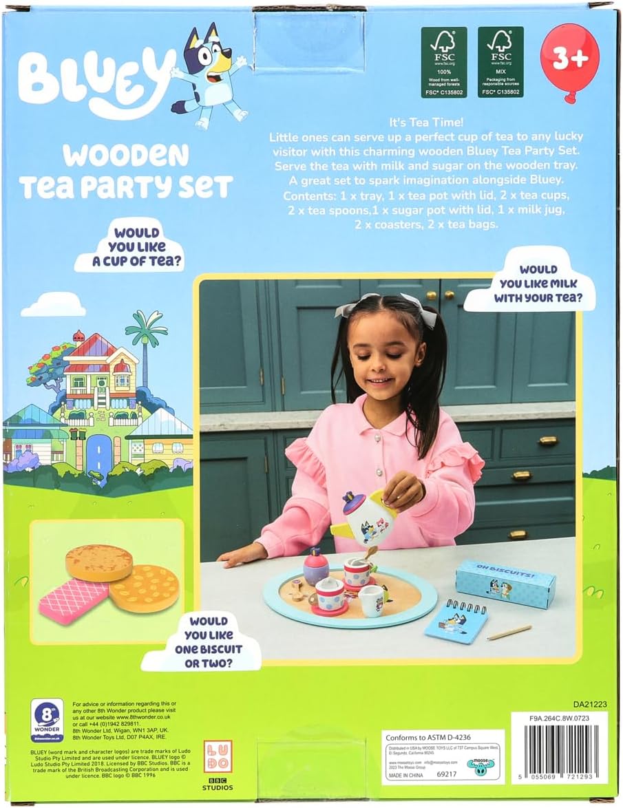 Bluey Wooden Tea Party Set – 18-Piece Pretend Play Set with Teapot, Cups, Biscuits, Tray & Notepad – FSC Certified Eco-Friendly Toy for Kids Aged 3+ – Creative Role-Playing Fun