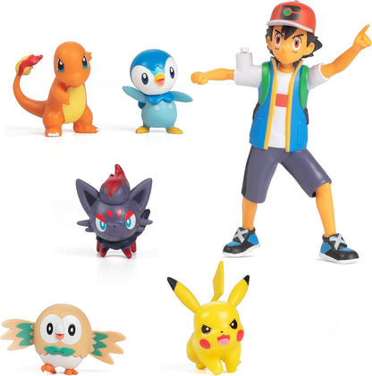 Pokémon Battle bereit! Figure Set Spielzeug, 6 Stücke - Inklusive 4.5" Ash & Launching Pikachu, 2" Charmander, 2" Rowlet, 2" Piplup, 2" Zorua - Officially Lizenz - Geschenk für Kinder, Jungen &