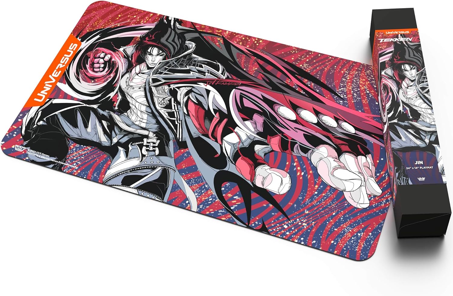 UniVersus: Tekken 8: Jin Playmat - Alfombrilla de neopreno de 24 x 14, respaldo de goma, accesorio para juegos de cartas de mesa, juegos UVS, licencia