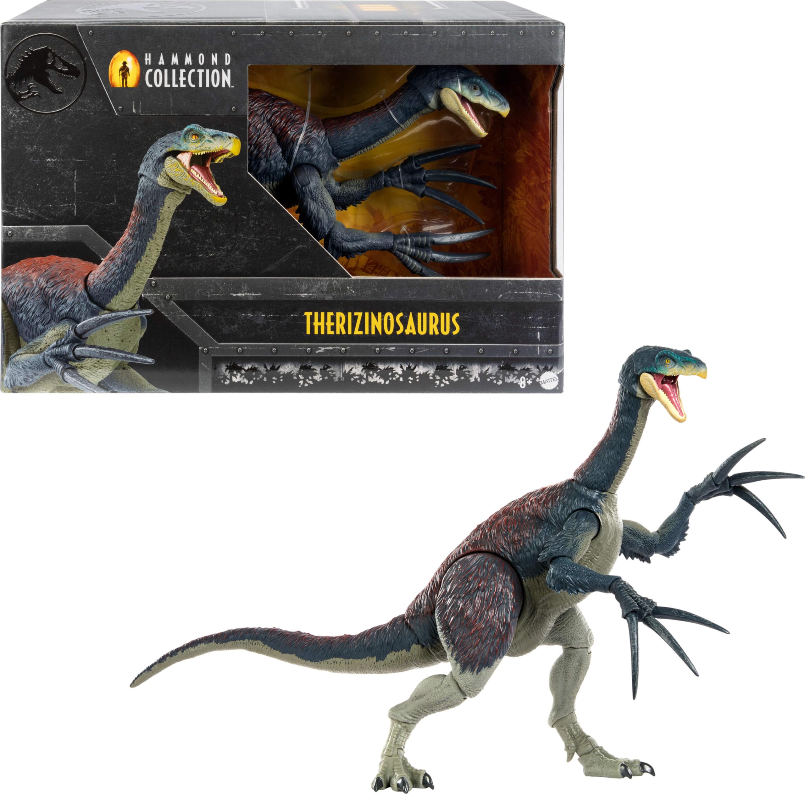 Mattel Jurassic World Hammond Collection Tericinosaurio, Figura de acción de dinosaurio de 43 cm de largo con garras largas, juguete de colección para adultos y fans +8 años, HXP73