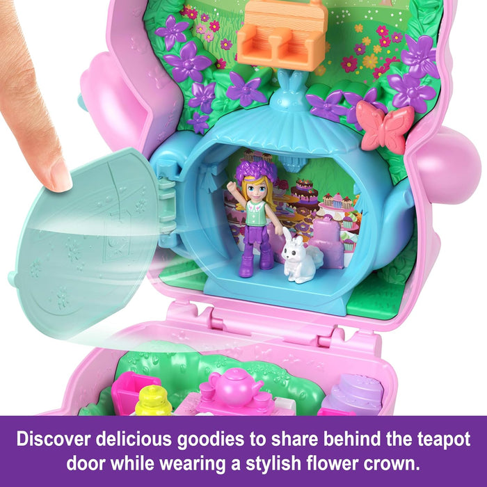 Polly Pocket Dolls and Playset, Tea Party Bunny Compact, Travel Toy with 1 Micro Doll, Pet Bunnies, Food & Fashion Styling Accessories