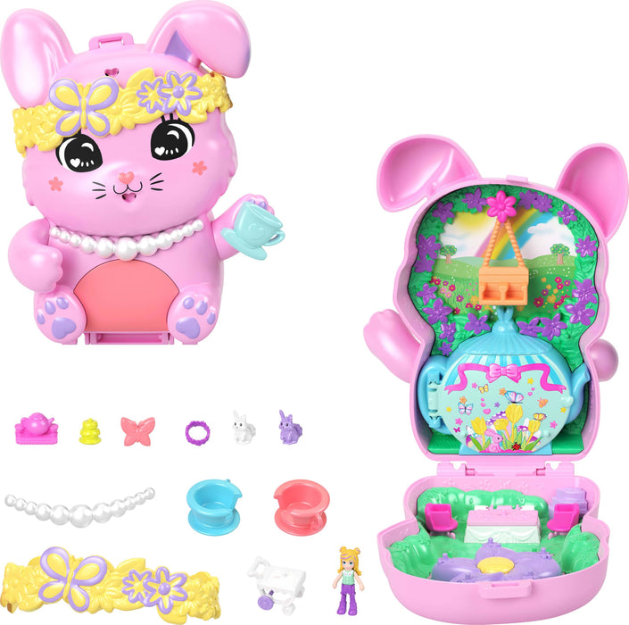 Polly Pocket Dolls and Playset, Tea Party Bunny Compact, Travel Toy with 1 Micro Doll, Pet Bunnies, Food & Fashion Styling Accessories
