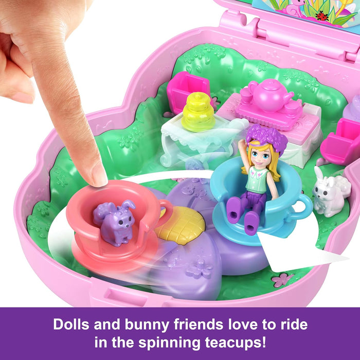 Polly Pocket Dolls and Playset, Tea Party Bunny Compact, Travel Toy with 1 Micro Doll, Pet Bunnies, Food & Fashion Styling Accessories