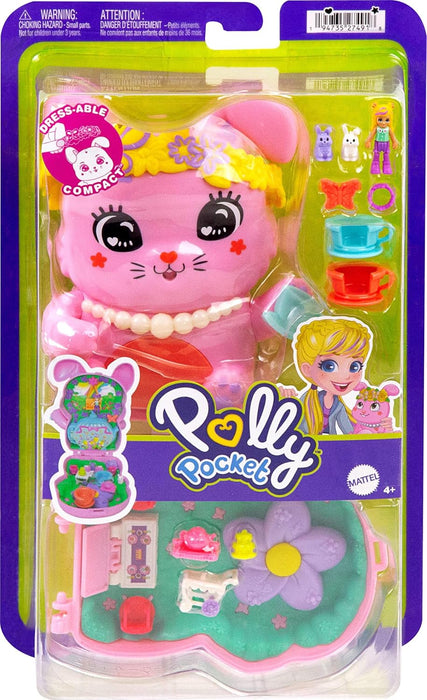 Polly Pocket Dolls and Playset, Tea Party Bunny Compact, Travel Toy with 1 Micro Doll, Pet Bunnies, Food & Fashion Styling Accessories